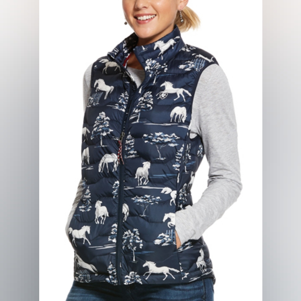 Ariat Navy Blue Ideal Down Zip Front Vest Pasture Shadow Print Women's Small - Picture 1 of 8